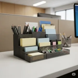 Close-up of a multi-compartment desk organizer, perfect for keeping pens, notepads, and small office cubicle accessories tidy within a cubicle workspace.