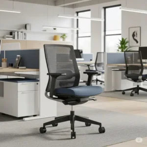 Ergonomic office guest chair offering back support and comfort for visitors in a professional setting.