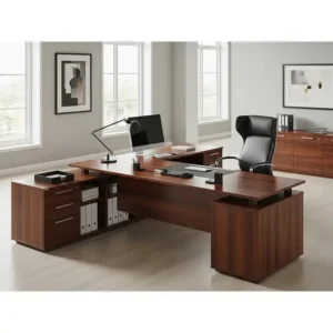Spacious L-shaped executive office desk with a classic design, providing an efficient and professional workspace.