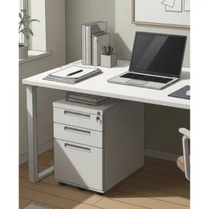 Illustration of a minimalist office desk and file cabinet tucked underneath for efficient storage.