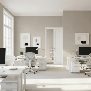 Bright, minimalist office featuring a subtle textured wallpaper that enhances the sophisticated office decor.