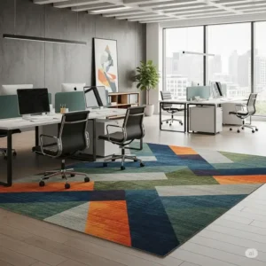Modern geometric office rug design complementing contemporary office furniture and decor.