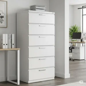 Tall, modern office furniture file cabinets with multiple drawers, ideal for compact office spaces and efficient document storage.