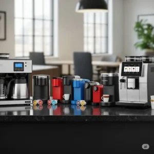 A visual representation of different types of office coffee brewers, including drip, single-serve pod, and bean-to-cup machines, suitable for various office sizes.