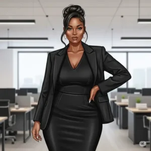 n illustration of a plus size model in a chic black plus size office dress paired with a tailored blazer, perfect for the workplace.