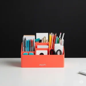 A vibrant Poppin desk organizer neatly holding pens, pencils, and other poppin office supplies on a minimalist workspace.