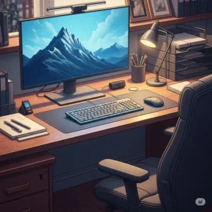 Illustration of a neat and organized office desk with a chair, featuring a monitor, keyboard, and mouse, ready for a productive workday.