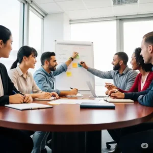 Diverse team members gathered around a large round office table, actively collaborating and brainstorming ideas.