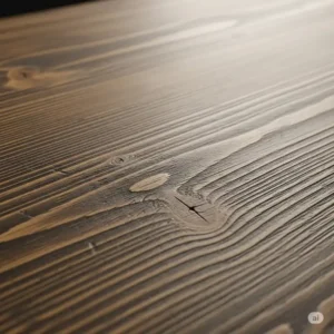 Close-up of the distressed wood grain on a rustic office desk surface, highlighting its unique texture.