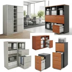 arious types of office cabinet storage including vertical, lateral, and mobile pedestals, showcasing diverse options for office organization.