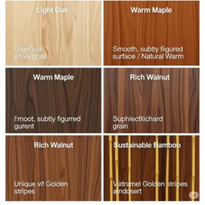Comparison of various wood for office desk, including light oak, warm maple, rich walnut, and eco-friendly bamboo, highlighting their unique textures and colors.