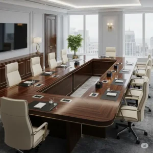 Executive office featuring a large, elegant u shaped office table with integrated power outlets, ideal for high-level meetings and presentations.