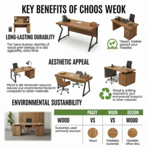 Infographic illustrating the key benefits of choosing wood for office desk, such as its long-lasting durability, aesthetic appeal, and environmental sustainability.