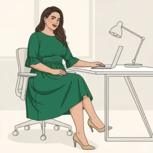 Illustration highlighting a comfortable yet fashionable plus size office dress, emphasizing all-day wearability.