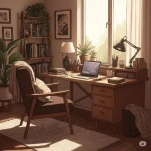 A cozy home office illustration showcasing a wooden office desk with a chair, ideal for remote work.