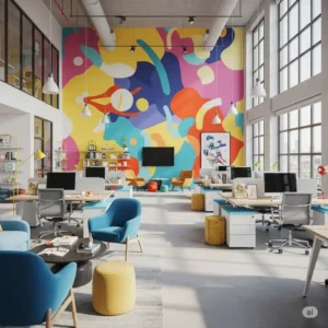 Vibrant, creative office space with an large abstract mural wallpaper, inspiring an engaging work environment.