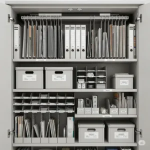 Detailed illustration of a credenza office unit's interior, highlighting its functional storage features like adjustable shelves, file drawers, and cable management.