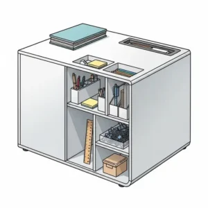 Illustration showcasing a cube office desk with integrated storage compartments, ideal for organizing office supplies.
