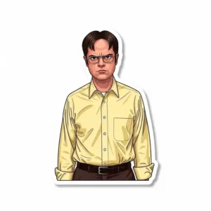 Detailed illustration of a Dwight Schrute "office sticker", showcasing his iconic uniform and serious expression.