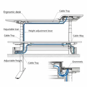 Diagram illustrating the ergonomic features of a custom office desk, highlighting adjustable height and cable management.