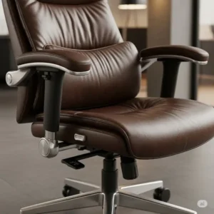 Genuine leather office chair highlighting ergonomic adjustments for lumbar support and armrests.