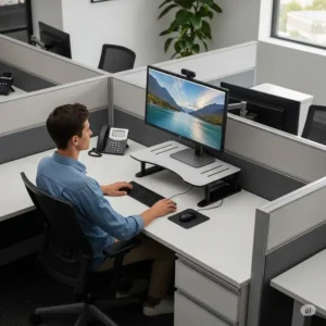 An ergonomic monitor stand elevating a computer screen to eye level, demonstrating how this office cubicle accessories improves posture and reduces neck strain.