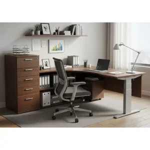 Illustration depicting an ergonomic office desk and file cabinet, emphasizing a comfortable and functional workspace.