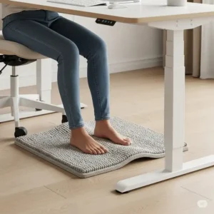 Ergonomic office rug positioned comfortably under an adjustable desk, providing foot relief.
