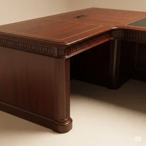 Detail view of the elegant corner design of an L-shaped executive office desk, highlighting craftsmanship and material.