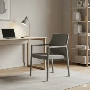 A sleek, minimalist office accent chair perfectly complementing a clean and uncluttered workspace, emphasizing modern design.