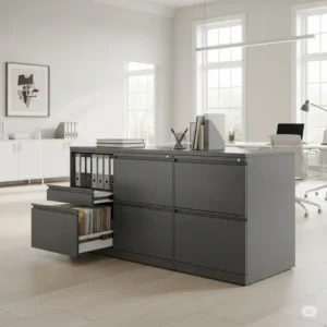 Wide, modern office furniture file cabinets offering ample storage and easy access to files in a professional office setting.