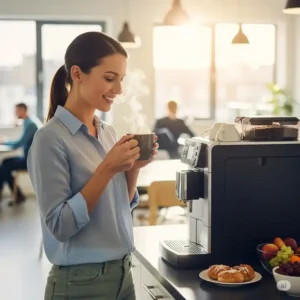 An employee happily enjoying a freshly brewed cup of coffee from an office coffee brewers during a break, depicting workplace satisfaction and productivity.