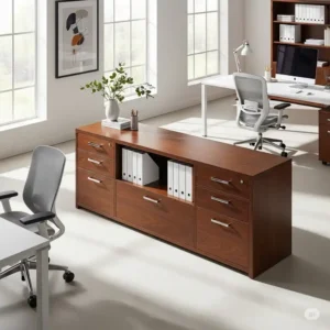 An elegant office credenza with file drawers integrated into a professional office workspace, enhancing both aesthetics and storage.