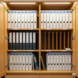 An inside view of an organized office cabinet storage unit with labeled folders, shelves, and compartments for efficient document management.