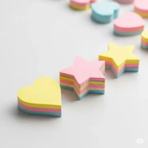 A stack of charming pastel-colored sticky notes in unique shapes like hearts and stars, making note-taking more enjoyable with cute office supplies.