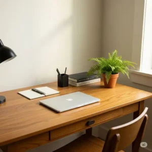 A clean and organized rustic office desk featuring minimalist decor, a laptop, and a small plant.