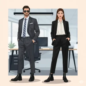An illustration of versatile black Chelsea office boots, suitable for both men and women, styled for a modern office look.