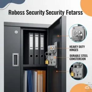Illustration depicting a credenza office setup with a large monitor, keyboard, and mouse, demonstrating its use as an ergonomic workstation or display area.
