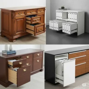 Various styles of office credenza with file drawers, from traditional to minimalist designs.