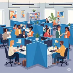 Illustration depicting multiple cube office desks arranged in an open-plan office environment, fostering collaboration.