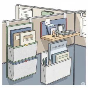 Illustration of fabric or mesh wall pockets and small shelves hanging on a cubicle partition, showing space-saving vertical storage for documents and personal office cubicle accessories.