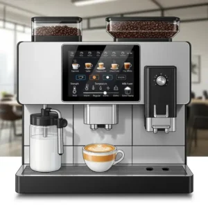 An illustration of an office coffee brewers with customizable settings and options, such as espresso, latte, and cappuccino, catering to diverse preferences.