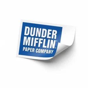 An authentic Dunder Mifflin paper company logo "sticker" from "The Office," perfect for showing fandom.