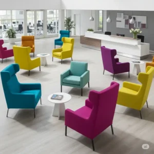 Vibrant fabric office reception chairs in a variety of colors, adding a welcoming and cheerful touch to any lobby.