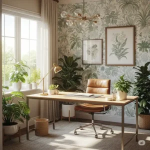 Cozy home office decorated with a calming botanical print wallpaper, perfect for enhancing personal office decor.