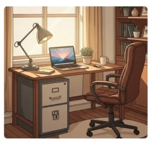 Illustration of a cozy home office setup featuring a wooden office desk and file cabinet for secure document storage.