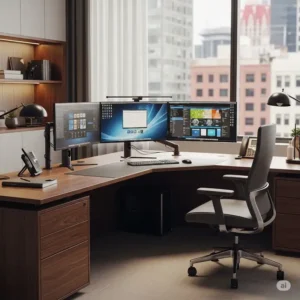 Ergonomic L-shaped executive office desk perfectly set up for a multi-monitor computer system, ideal for productivity.