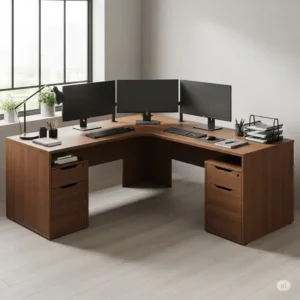 Spacious L-shaped corner office desks discount offered, perfect for multi-monitor setups and increased productivity.