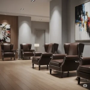 Illustration depicting elegant leather office waiting room chairs, adding a touch of sophistication to a reception area.