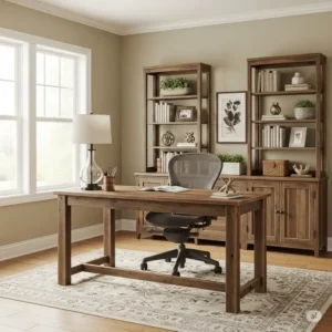 A complete view of a rustic office desk integrated into a comfortable home office setting, showing a chair and shelving.